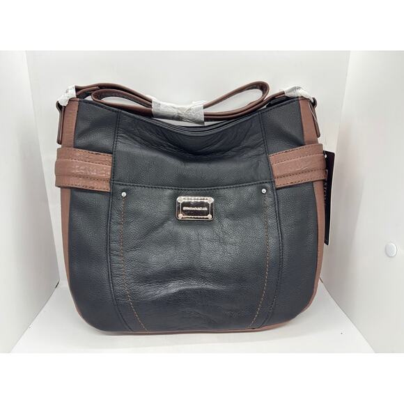 NWT Stone Mountain Leather Tan Black Shoulder Bag Greenwich Hobo RTL $169 - Picture 1 of 8